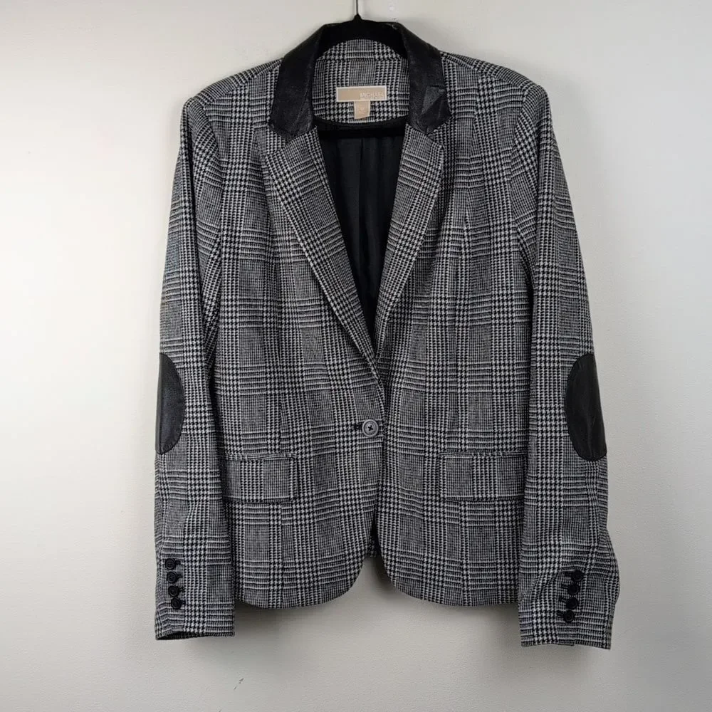 Michael Kors Black & White Houndstooth Plaid Blazer with Leather Accents Size 12
